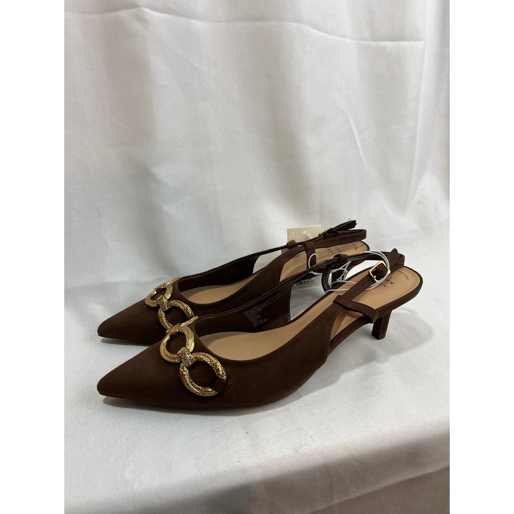 A New Day Women Brown Faux Suede Slingback Kitten Heels Gold Chain Accent Size 9
